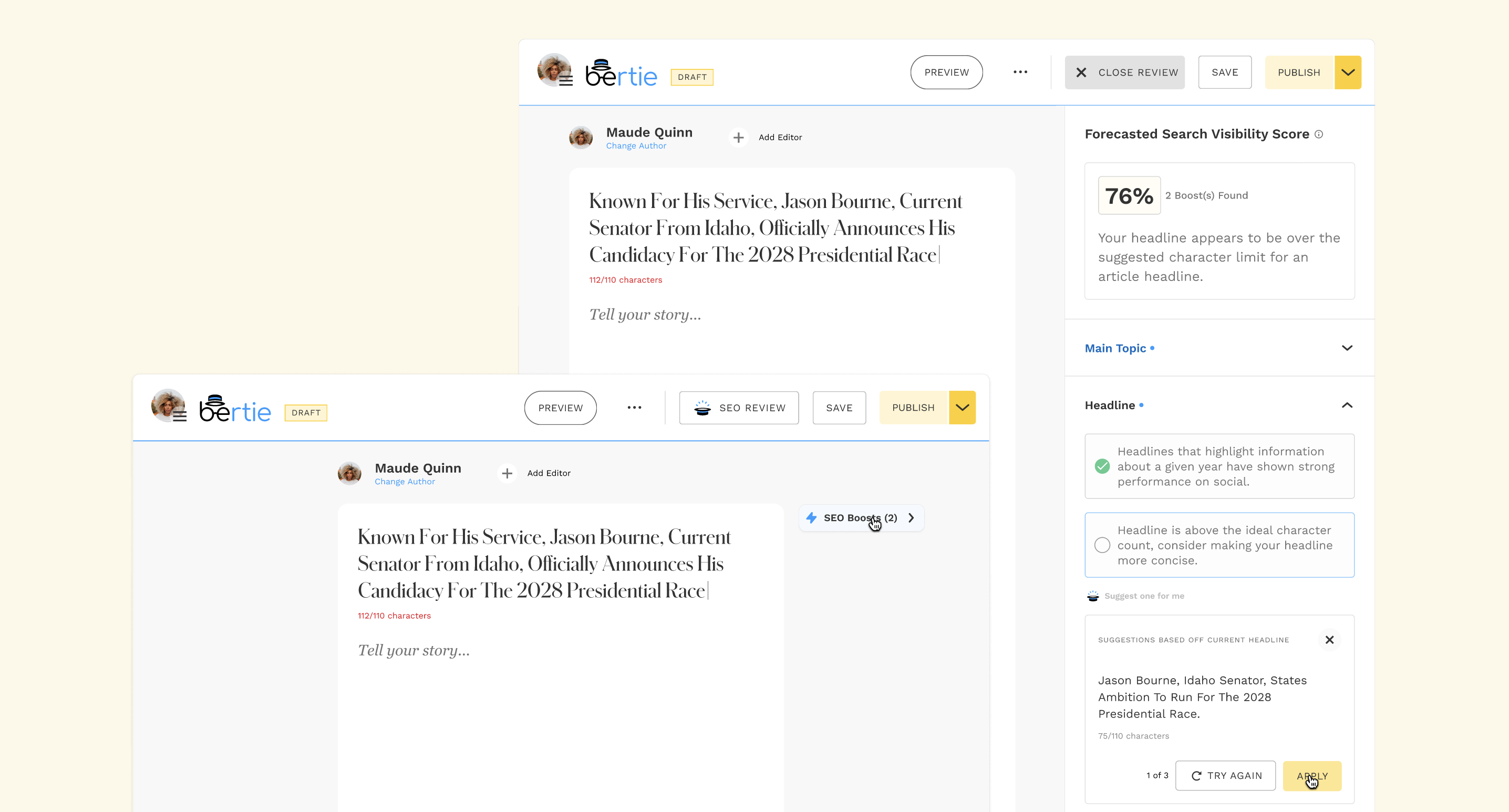 User interface for Bertie Publish.